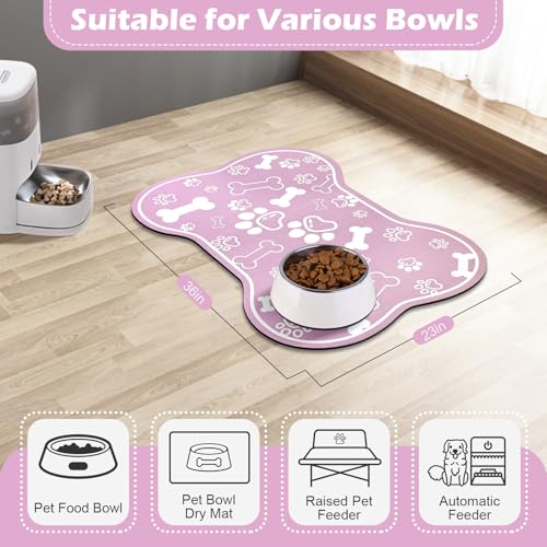 Dog Cat Mat for Food and Water (36"L x 23"W / Bone Shaped Pink)