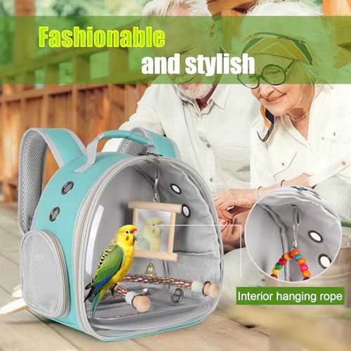 Parrot Travel Carrier Bubble Window Backpack with Mirror Standing Toy (Green / 12.0"L x 8.0"W x 12.0"H)