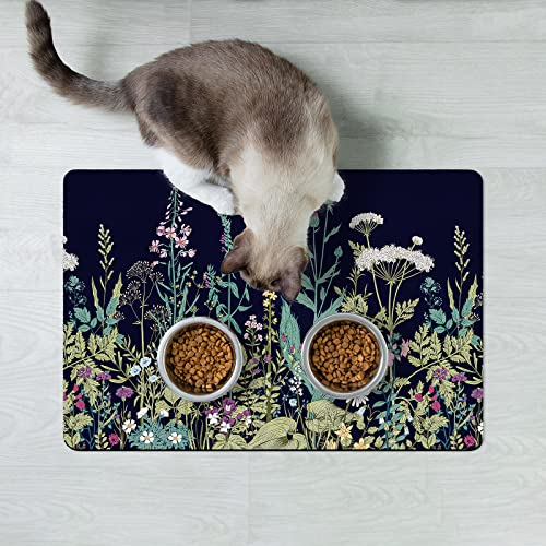 Dog Food Mat 12" x 19" Flower Absorbent Dog Cat Bowl Mat for Food and Water (Midnight Flower / 12"L x 19"W)