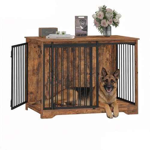 43.3" XL Dog Crate Furniture Indoor Dog Kennel with Barn Door (Rustic Brown / 43.3"L x 27.5"W x 31.8"H)