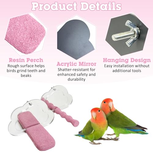 2 PCS Bird Perch with Mirror Resin Parakeet Perches Hanging Parrot Toys Interactive Bird Cage Accessories for Cockatiel Conure Lovebird Finch
