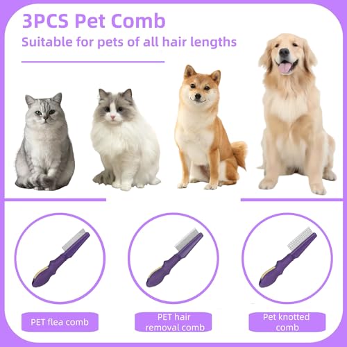 3PCS Pet Comb for Grooming Long & Short Haired Cats & Dogs With Stainless Steel Metal Teeth for Removes Tangles & Flea (Pet Detangling Comb + Flea Comb + Grooming Comb)