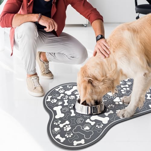 Dog & Cat Food Mat Bone Shaped Pet Feeding Mat Quick Absorb Water Bowl Placemat with Rubber Backing Indoor Floor Stain Resistant Pet Accessory Supplies (Dark Gray / 17"L x 17"W)