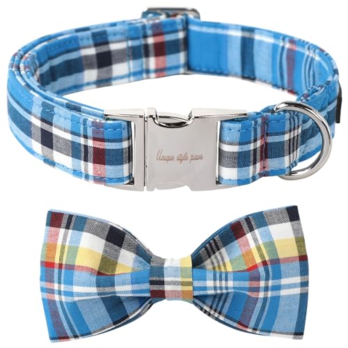Plaid Dog Collar with Bow Pet Gift Adjustable Soft and Comfy Bowtie Collars for Small Medium Large Dogs (Medium / blue plaid)