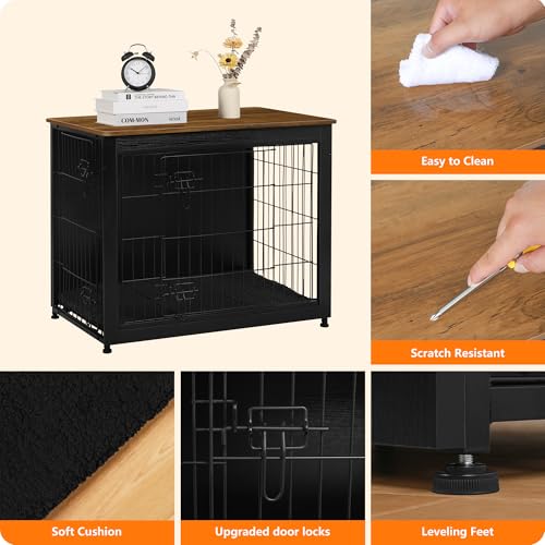 32.5" Dog Crate Furniture with Cushion (Black+Warm Brown / 32.5"L x 21.9"W x 25.6"H)