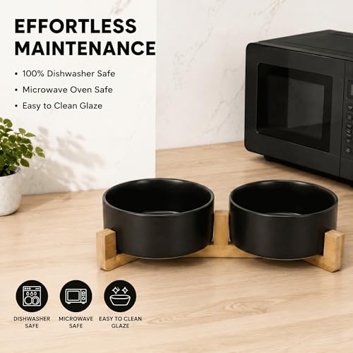 Ceramic Dog and Cat Bowl Set with Wooden Stand (7.6 cups / Black × 2)
