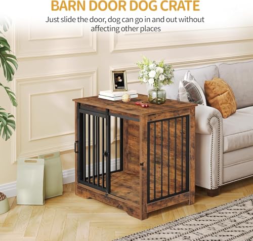 27.2" S Dog Crate Furniture Indoor Dog Kennel with Barn Door (Rustic Brown / 27.2"L x 19.3"W x 25.4"H)