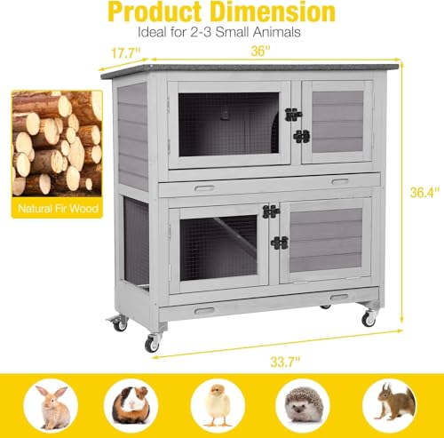 Rabbit Hutch Indoor Bunny Cage Outdoor 2 Story Pet House Guinea Pig Cage on Wheels 36" L (Grey / 36.02"L x 17.72"W x 36.22"H)