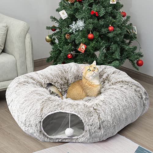 Plush Cat Tunnel Bed for Indoor Cats (Khaki)