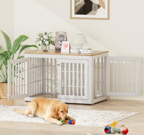 48" Heavy Duty Dog Crate Furniture for Large Dogs (47.2"L x 30.3"W x 31.9"H / White+Wood)