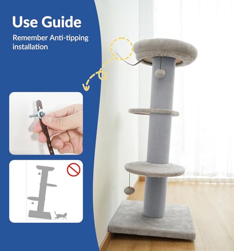 43" Short Plush Cat Scratching Post with Perch & Bed (Light Grey)