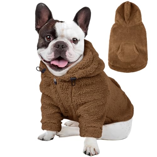 Fuzzy Dog Sweater with Adjustable Hood & Harness Hole (Medium / Brown)