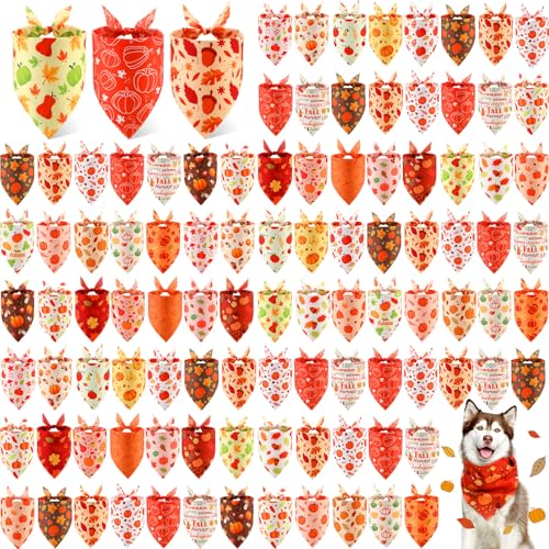 100 Pieces Thanksgiving Dog Bandanas Bulk Fall Autumn Pet Bandanas with Pumpkin Patterns Triangle Scarf Bib Kerchief Set for Small Large Dog Costume Accessories (Pumpkin / 31.5 x 21.7 x 21.7")