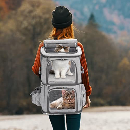 Double Compartment Cat Backpack Carrier for 2 Pets up to 18 lbs (14.6"L x 11.2"W x 21.6"H / Grey)