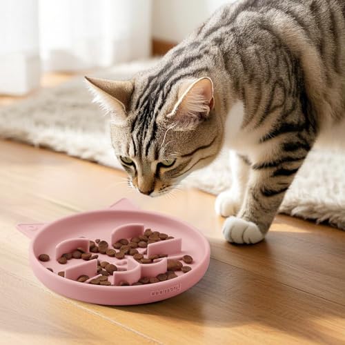 Slow Feeder Cat Bowl Silicone Pet Puzzle Feeder for Slow Eating (Pink / 0.8 Cups)