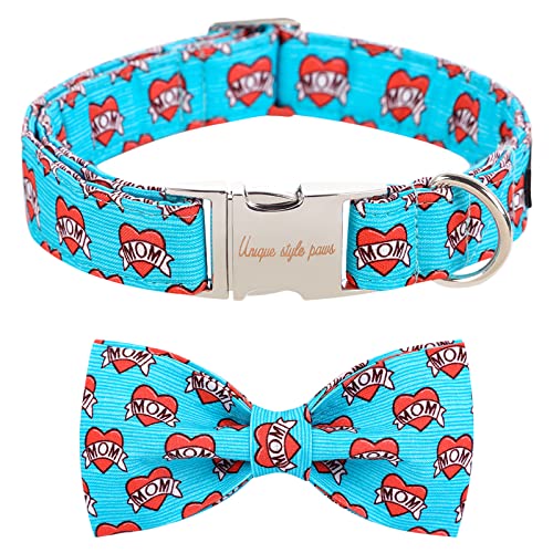 Valentine's Day Dog Collar with Bow Tie Blue Heart Puppy Collar Best Gift for Small Medium Large Boys Girls (Small / Blue MoM Love)