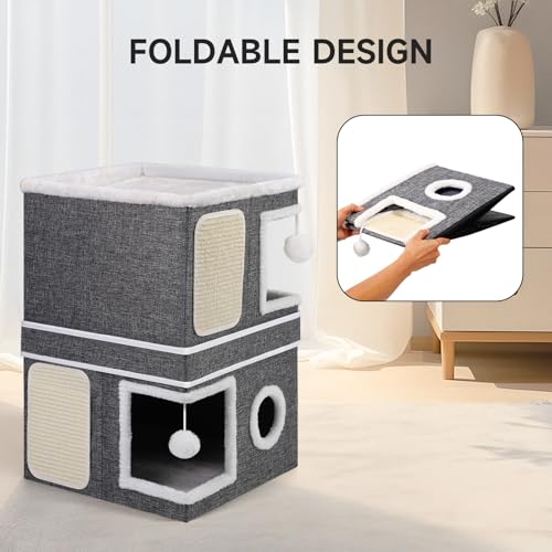 2 Story Cat House beds for Indoor Cats with Scratch Pads Grey (Grey / Double)