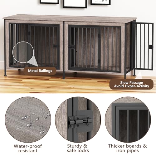 78.74" Dog Crate Furniture for 1 or 2 Dogs (Oak Grey / 78.7"L x 27.6"W x 33.5"H)