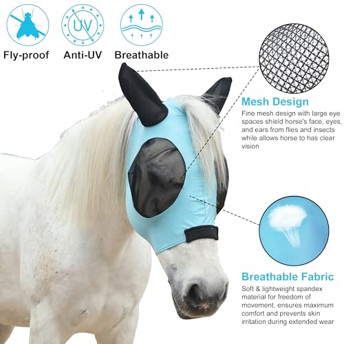 Elastic Fly Mask for Horse with Ear (Pacific Blue / Cob (Medium))