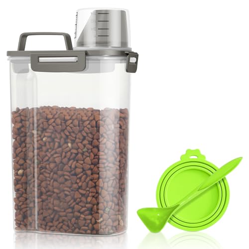 Small Dog Food Storage Container 3 Qt with Cat Food Can Cover and Mixing Spoon (Grey 3Qt)