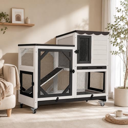 Rabbit Hutch Indoor Outdoor Bunny Hutch on Wheels (Black ＆ White)
