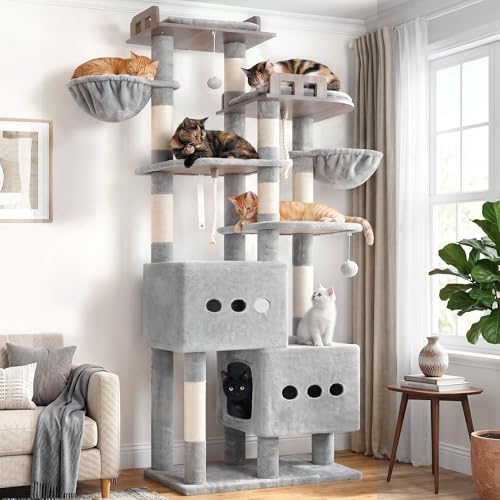 Sturdy Cat Tree Tower with 2 Large Condos (74.8 inches / Light Gray)