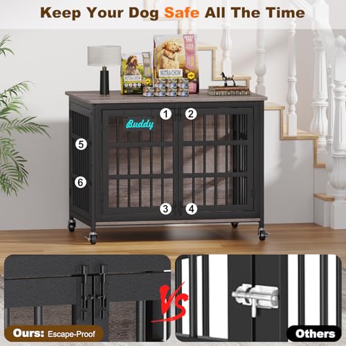 41"/33"/27" Dog Crate Furniture with Name Tag, Heavy Duty Dog Kennel Indoor for Medium Dogs, Double-Doors Sturdy Metal Dog Cage for Anxiety Dog, Decorate House as TV Stand, End Table (40.8"L x 29.3"W x 30.2"H / Grey)
