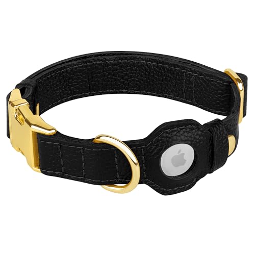 Leather Airtag Dog Collar (Black / M, 14"-18" Neck Fit)