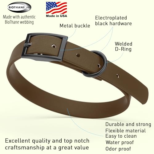 Biothane Waterproof Dog Collar Strong Coated Nylon Webbing with Black Hardware Odor (W5/8" x L12-15" / Dark Chocolate Brown)