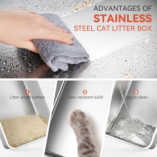 Enclosed Stainless Steel Cat Litter Box with Odor Control (Light Grey)