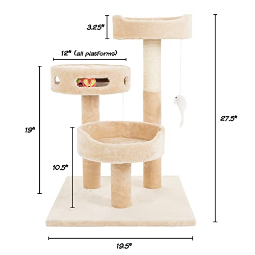 Cat Tree - 3-Tier Tall Cat Tower Condo with 2 Napping Perches, Sisal Rope Scratching Post, Hanging Mouse and Interactive Wheel Toy by PETMAKER (Beige), 27.5" (Beige)