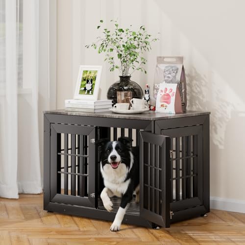 38" Heavy Duty Dog Crate Furniture for Large (37.4"L x 25.8"W x 27.4"H / Black+Grey)