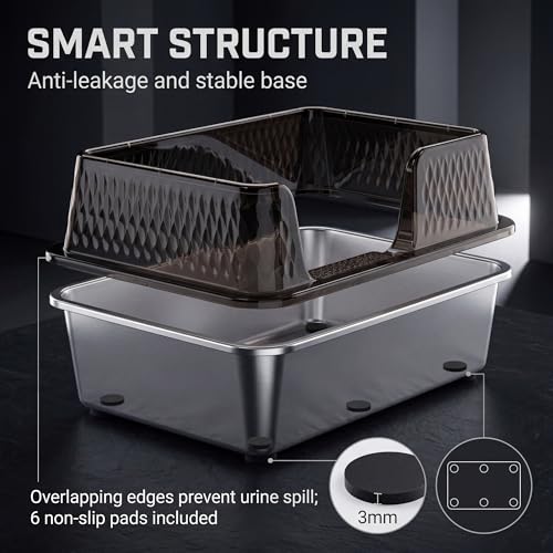 Large Stainless Steel Litter Box Side Entry High Sides Deep Metal Cat Litter Boxes with Lid Low Entry Litter Mat and Scoop Litter Pan (Black / Large)
