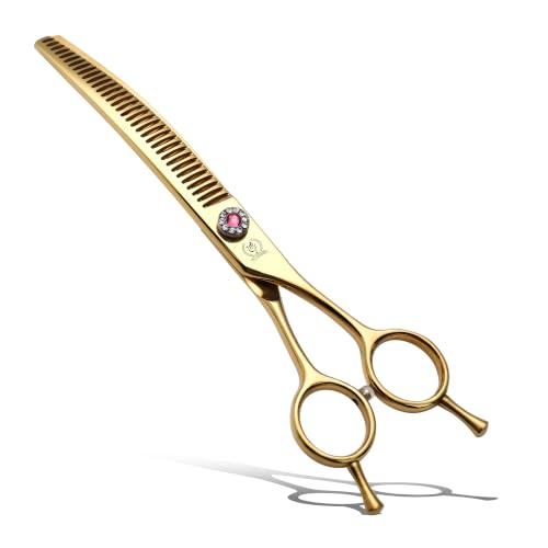 Professional Dog Grooming Scissors Pet Curved Chunker Shears 7.0'' Extremely Sharp Blades 440C Steel Thinning Scissors Durable Smooth Motion & Fine Cut for Dogs and Cats