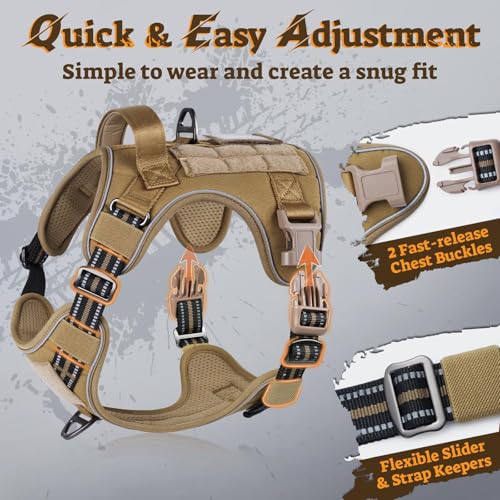 Tactical Dog Harness for Large Dogs (L(Chest:22"-37",Neck:21.1"-30.3",Back:8.3") / Brown)