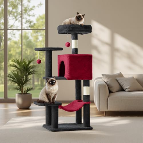 44 in Cat Tree Tower with Natural Sisal Scratching Posts (Black Red / 43.6"×13.7"×17.7")