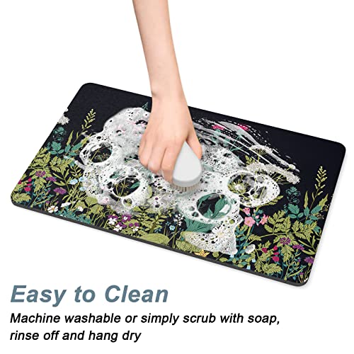 Dog Food Mat 12" x 19" Flower Absorbent Dog Cat Bowl Mat for Food and Water (Midnight Flower / 12"L x 19"W)