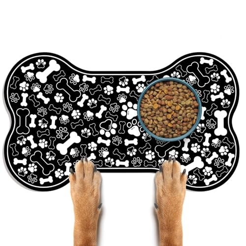 Dog & Cat Food Mat Bone Shaped Pet Feeding Mat Quick Absorb Water Bowl Placemat with Rubber Backing Indoor Floor Stain Resistant Pet Accessory Supplies (Black / 17"L x 17"W)