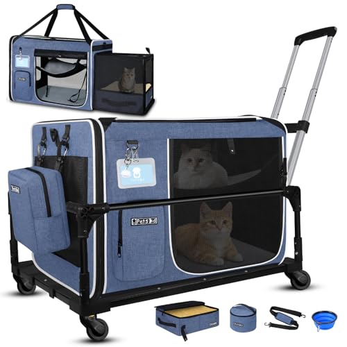 Side Expandable Extra Large Cat Carrier with Litter Box and Wheels (Blue with wheels)