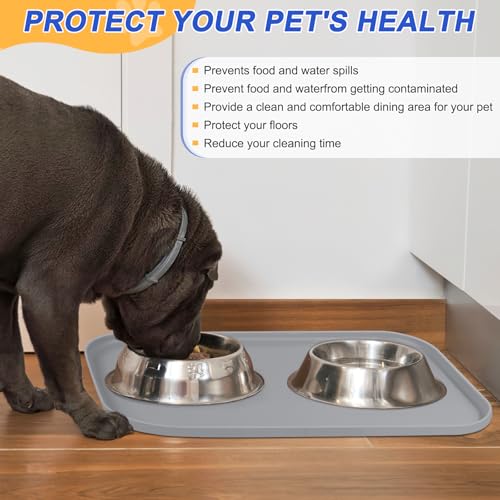 Waterproof Silicone Pet Food Mat with Raised Edge for Dog & Cat (Light Gray / 24"L x 16"W)