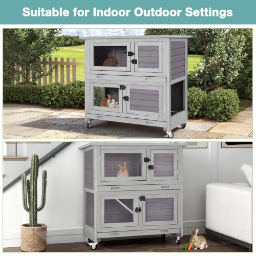 2 Story Wooden Rabbit Hutch with Chew ((Grey-AIR77))
