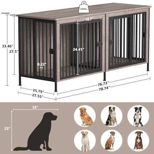 78.74" Dog Crate Furniture for 1 or 2 Dogs (Oak Grey / 78.7"L x 27.6"W x 33.5"H)