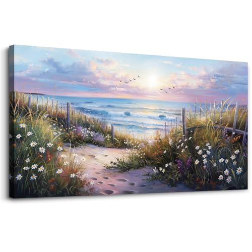 Canvas Wall Art For Living Room Wall DecorFor Bedroom Flower Beach Scenery Wall Painting Blue Ocean Pictures Artwork Office Decor Modern Framed Posters Home Decorations 20"X40" (40"L x 20"W / Flower Beach Ocean Scenery)