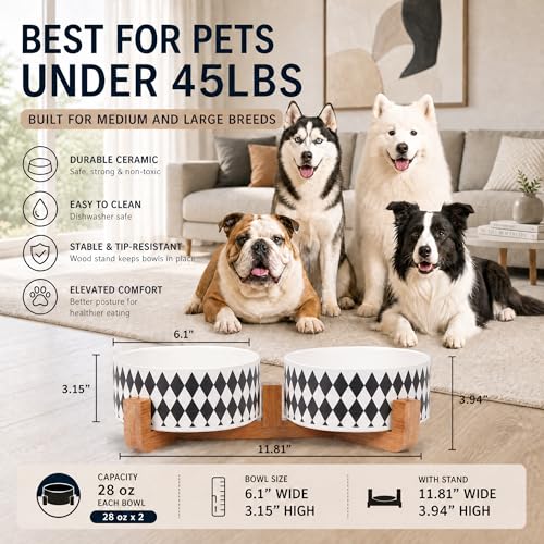 Ceramic Dog Cat Bowl Set with Stand (Black Rhombus / 850ML*2)