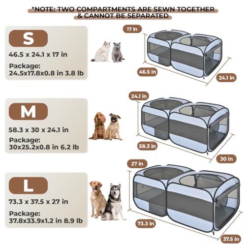 2-in-1 Dog Playpen, 58''Pop Up Cat Puppy Pet Playpen Indoor/Outdoor Cats Enclosed, Cat Dog Tent Crate Cage Kennel, Portable Playpen for Kitten, Small Animals Play Pen(No Divider, Unified Space) (Grey / M, 58.3"L x 30"W x 24.1"H)