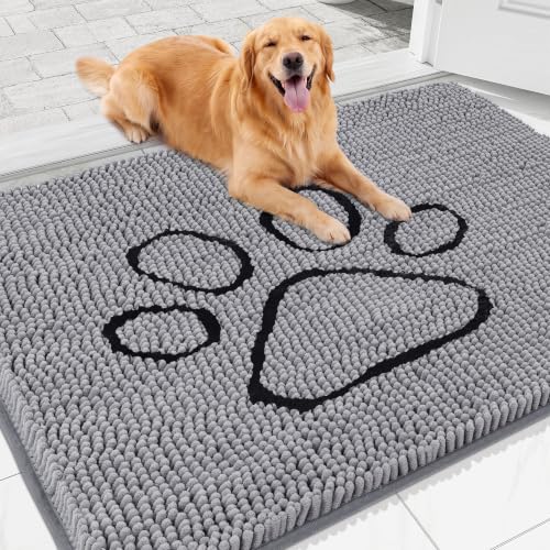 Absorbent Dog Door Mat for Muddy Paws (48"L x 36"W x 1" Th / Grey with Paw)