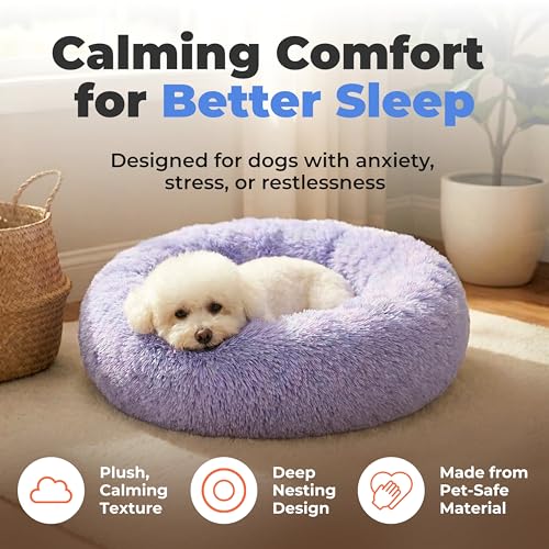 Round Calming Dog Bed for Small (Lavender / 27" x 27" x 7.5")