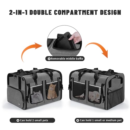 Cat Carrier for 2 Cats (Gray+ with Big Pocket)