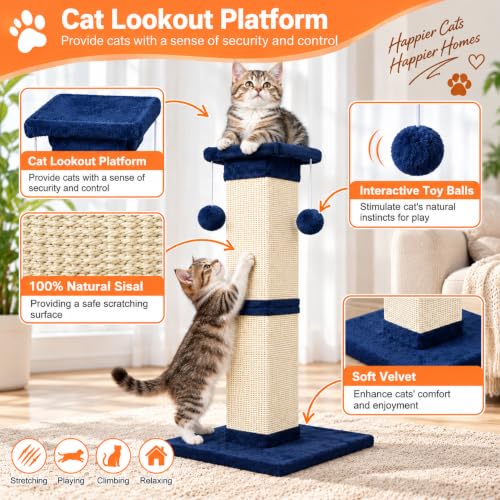 Cat Scratching Post 33 Inch Nature Sisal Scratch Post for Indoor Cats (Blue)