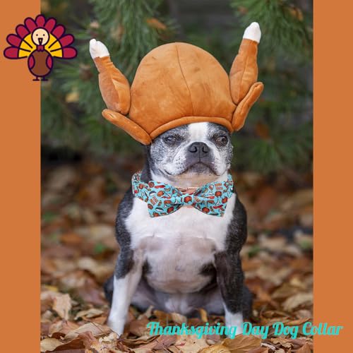 Thanksgiving Day Dog Collar with Bow Blue Turkey Cotton Puppy Collars for Small Medium Large Dogs (Extra Small / turkey bow)